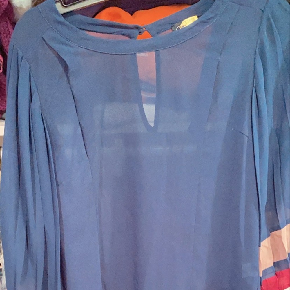 Navy Sheer Accordion Sleeve Blouse